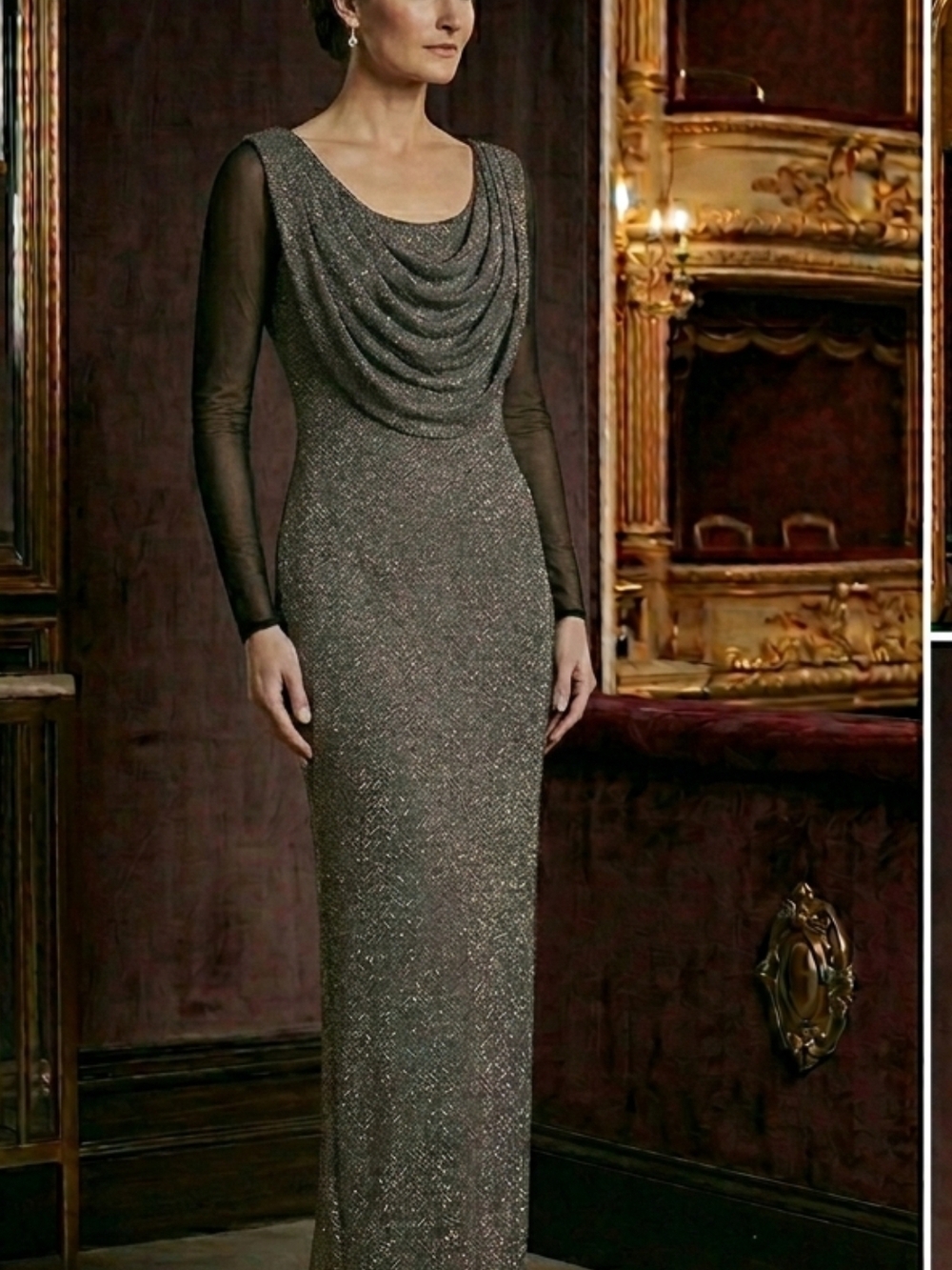 Elegant Lurex Cowl Neck Maxi Dress - Black Metallic